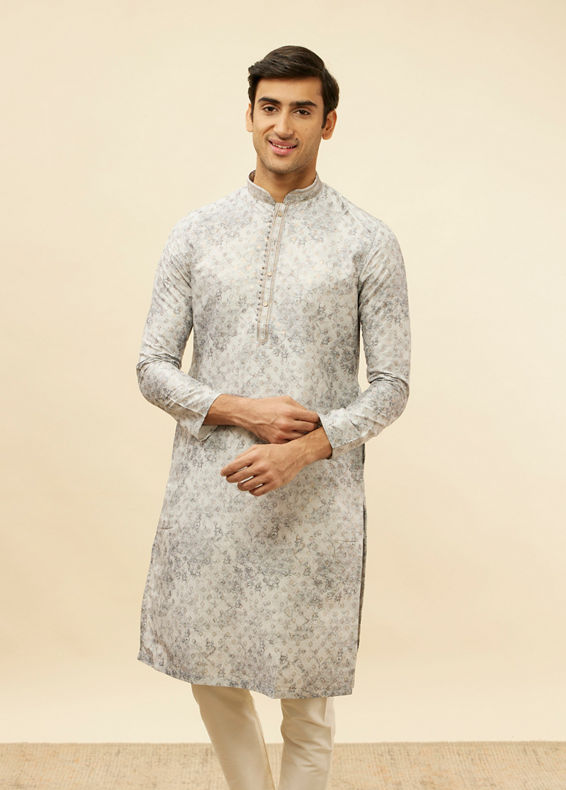 Manyavar Men Cloud Grey Abstract Print Foil Work Kurta Set