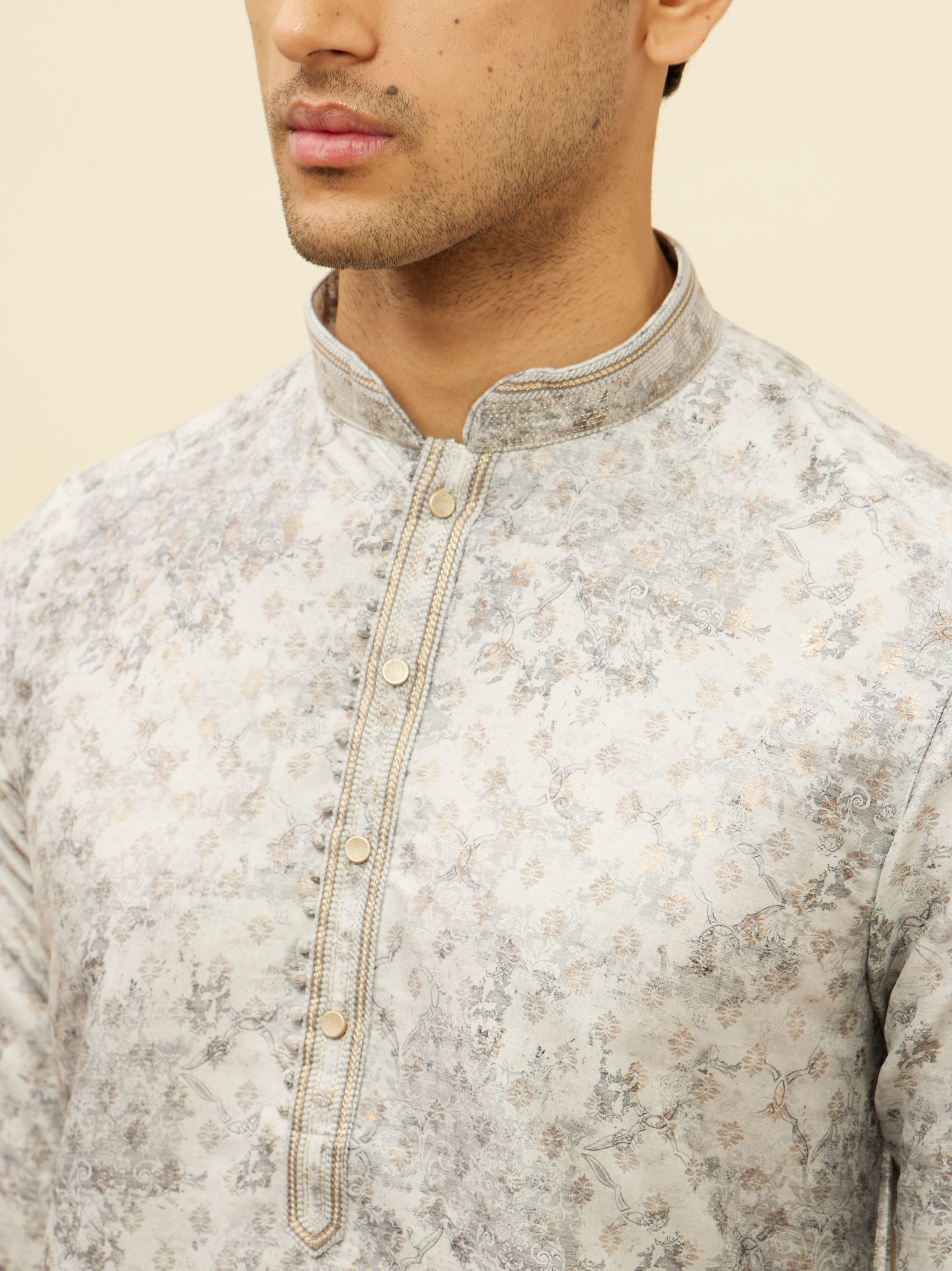 Manyavar Men Cloud Grey Abstract Print Foil Work Kurta Set