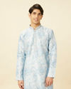 alt message - Manyavar Men Aquamarine Blue Watercolor Effect Printed Kurta Set image number 0