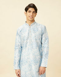 Manyavar Men Aquamarine Blue Watercolor Effect Printed Kurta Set