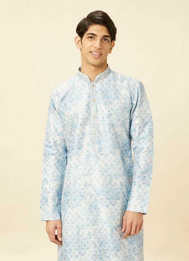 alt message - Manyavar Men Aquamarine Blue Watercolor Effect Printed Kurta Set image number 0