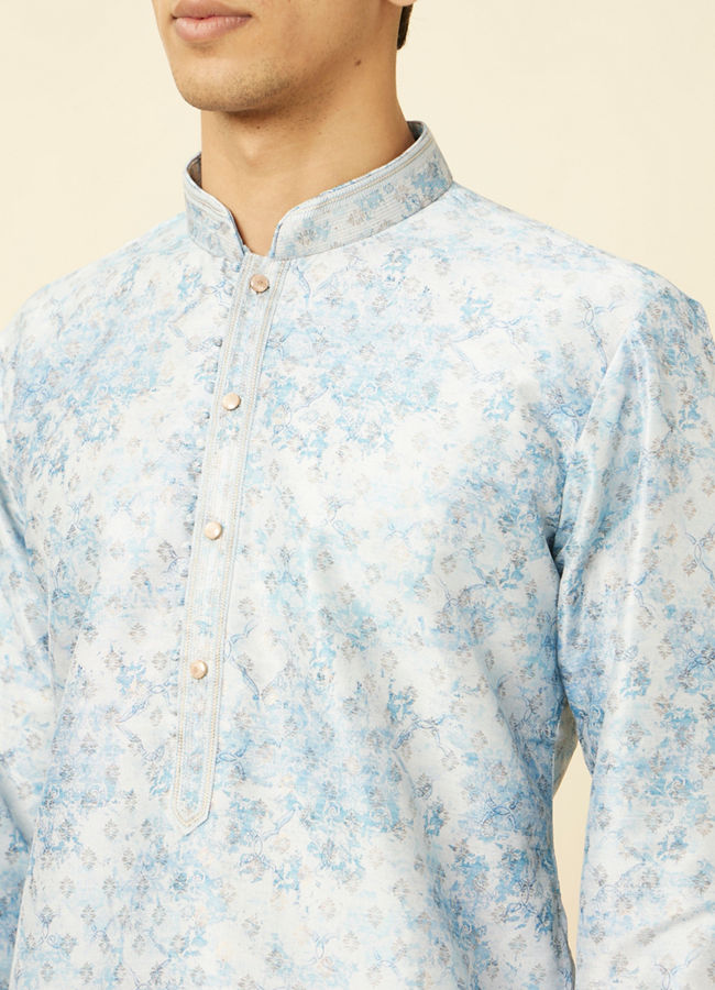 Manyavar Men Aquamarine Blue Watercolor Effect Printed Kurta Set