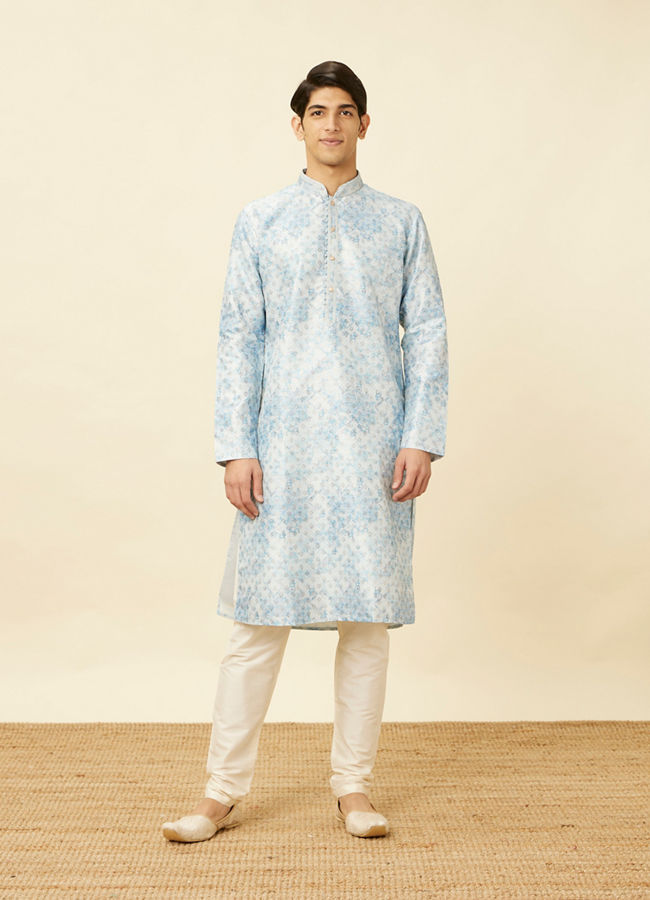 Manyavar Men Aquamarine Blue Watercolor Effect Printed Kurta Set