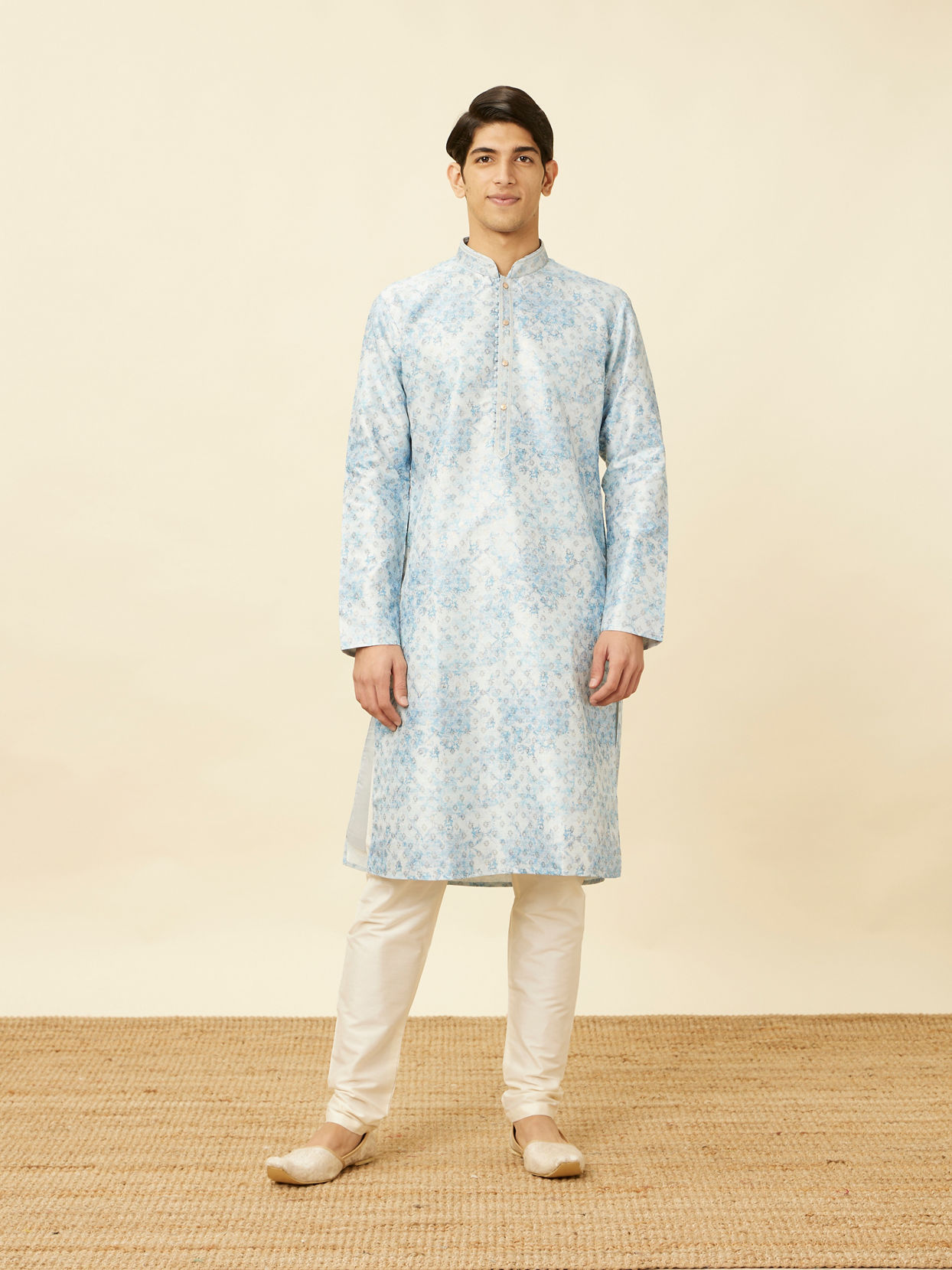 alt message - Manyavar Men Aquamarine Blue Watercolor Effect Printed Kurta Set image number 2