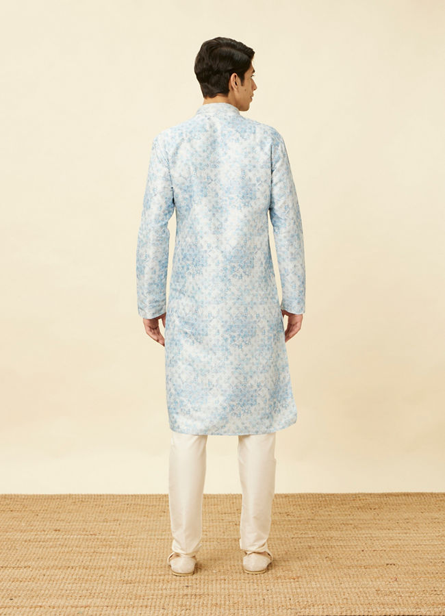 Manyavar Men Aquamarine Blue Watercolor Effect Printed Kurta Set