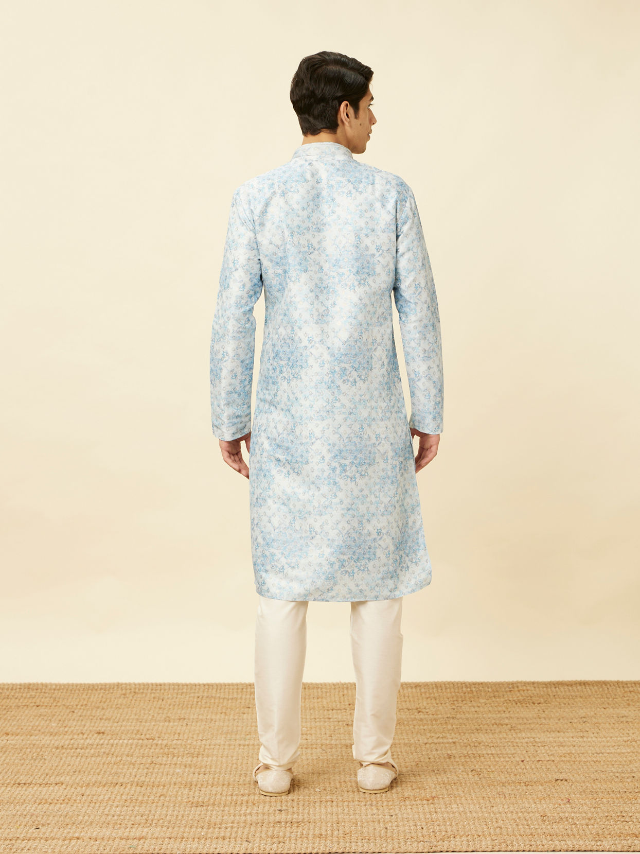 Manyavar Men Aquamarine Blue Watercolor Effect Printed Kurta Set