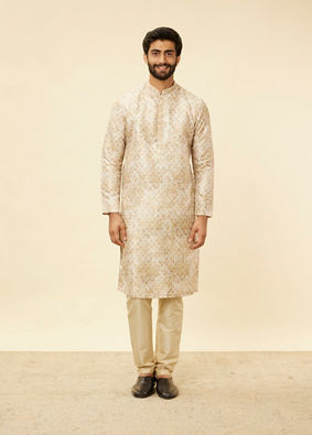 Manyavar Men Sand Beige Foil Print Buta Printed Kurta image number 3