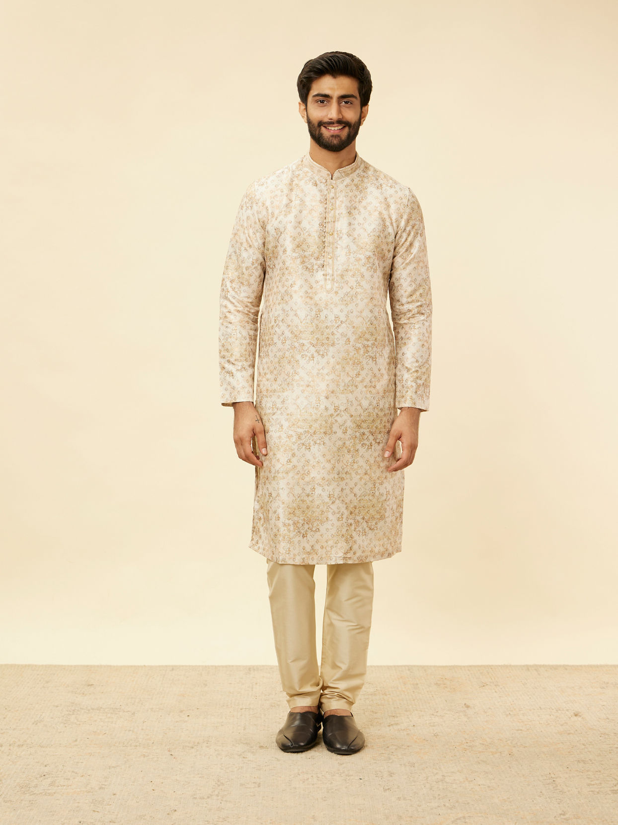 alt message - Manyavar Men Sand Beige Foil Print Buta Printed Kurta image number 3