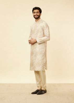 Manyavar Men Sand Beige Foil Print Buta Printed Kurta image number 1