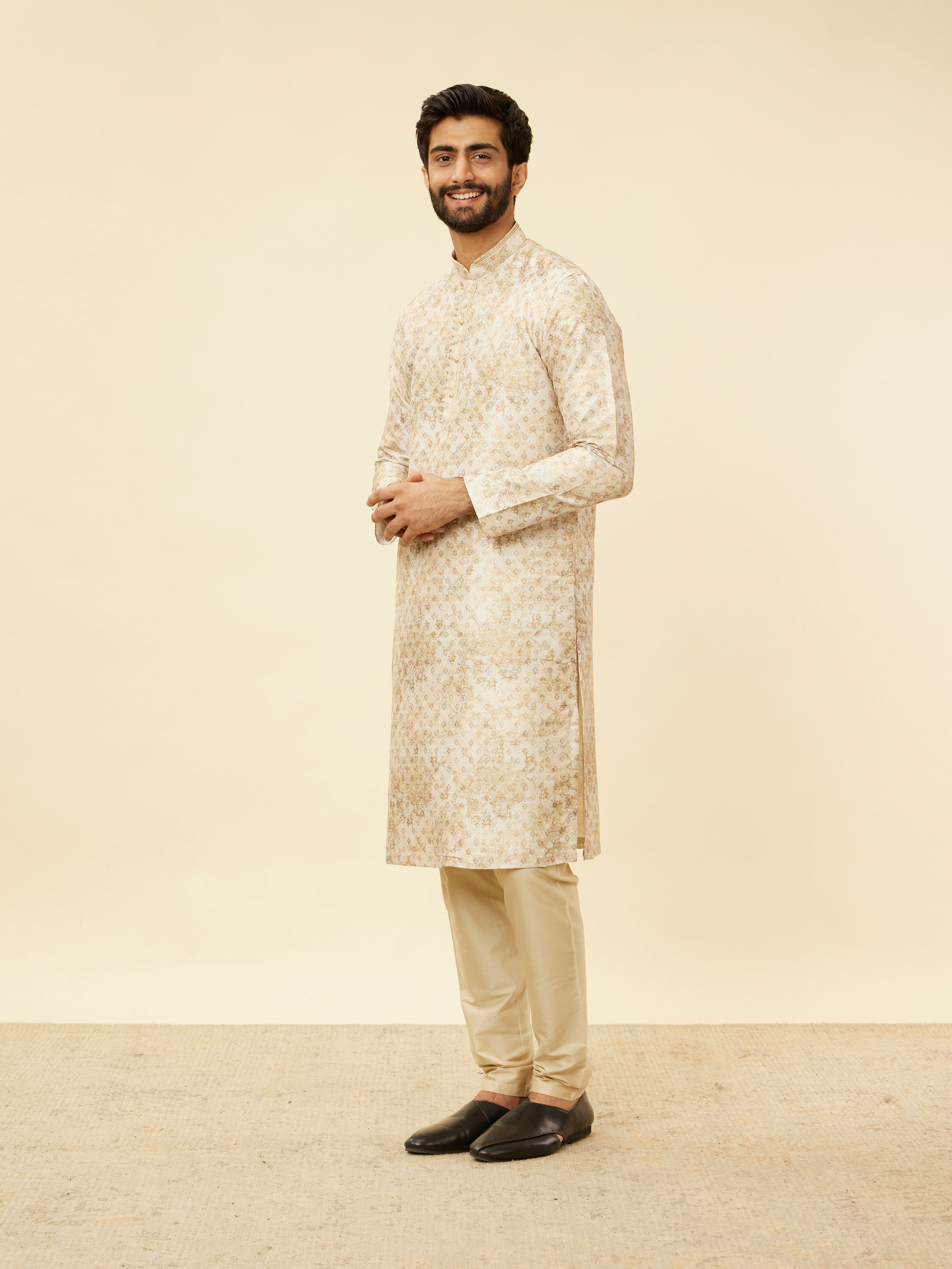 Manyavar Men Sand Beige Foil Print Buta Printed Kurta