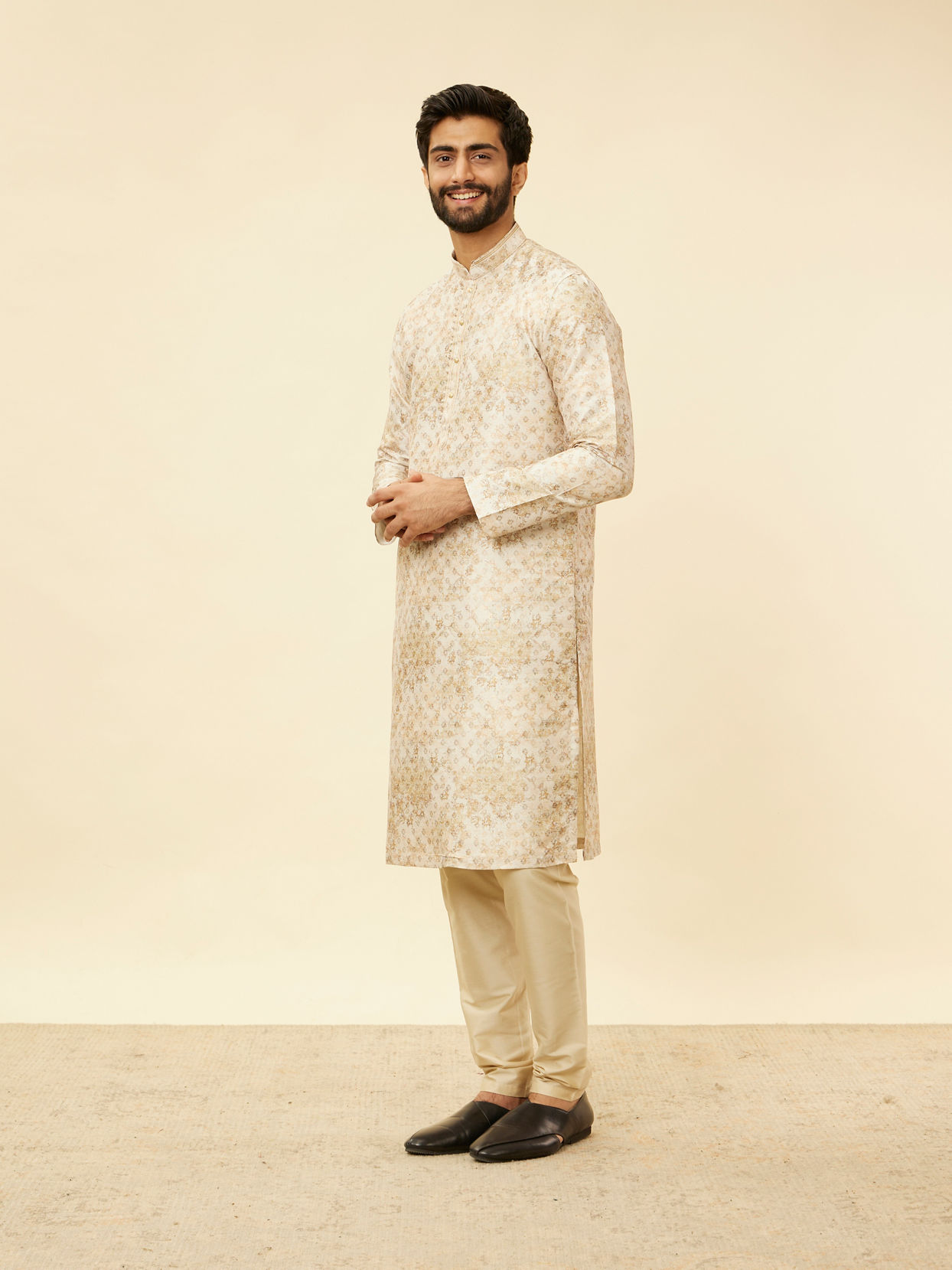 alt message - Manyavar Men Sand Beige Foil Print Buta Printed Kurta image number 1