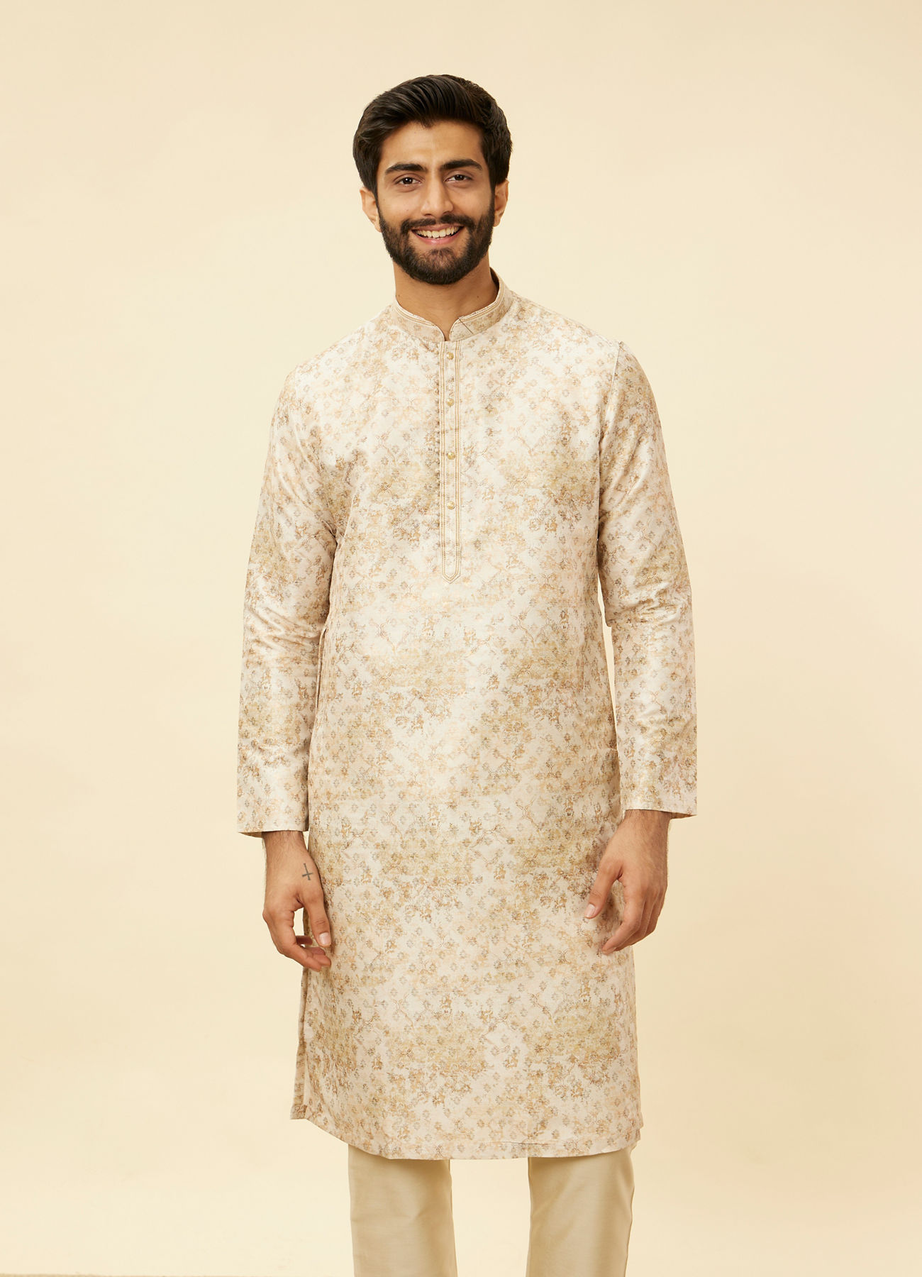 Manyavar Men Sand Beige Foil Print Buta Printed Kurta