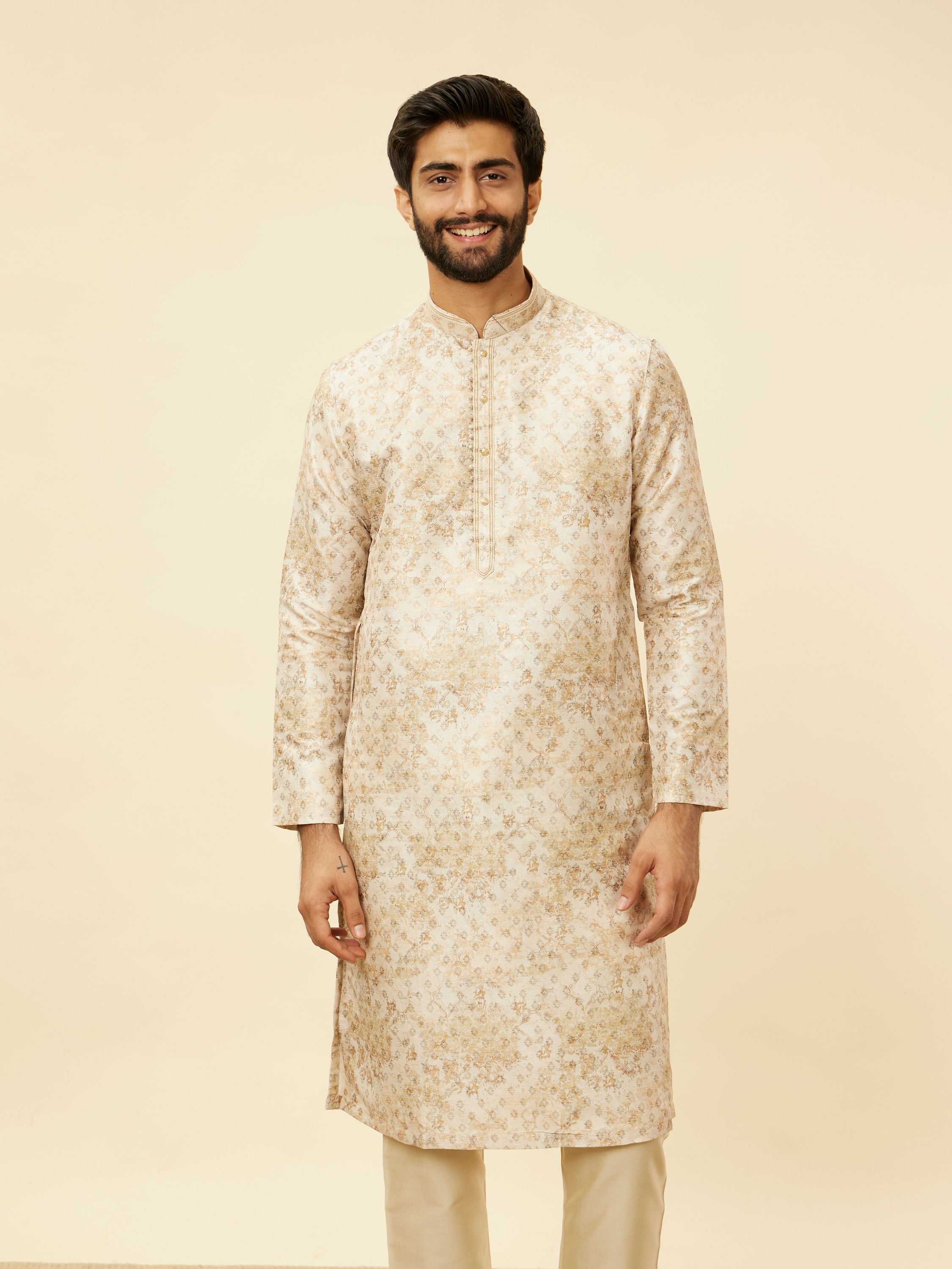 Manyavar Men Sand Beige Foil Print Buta Printed Kurta