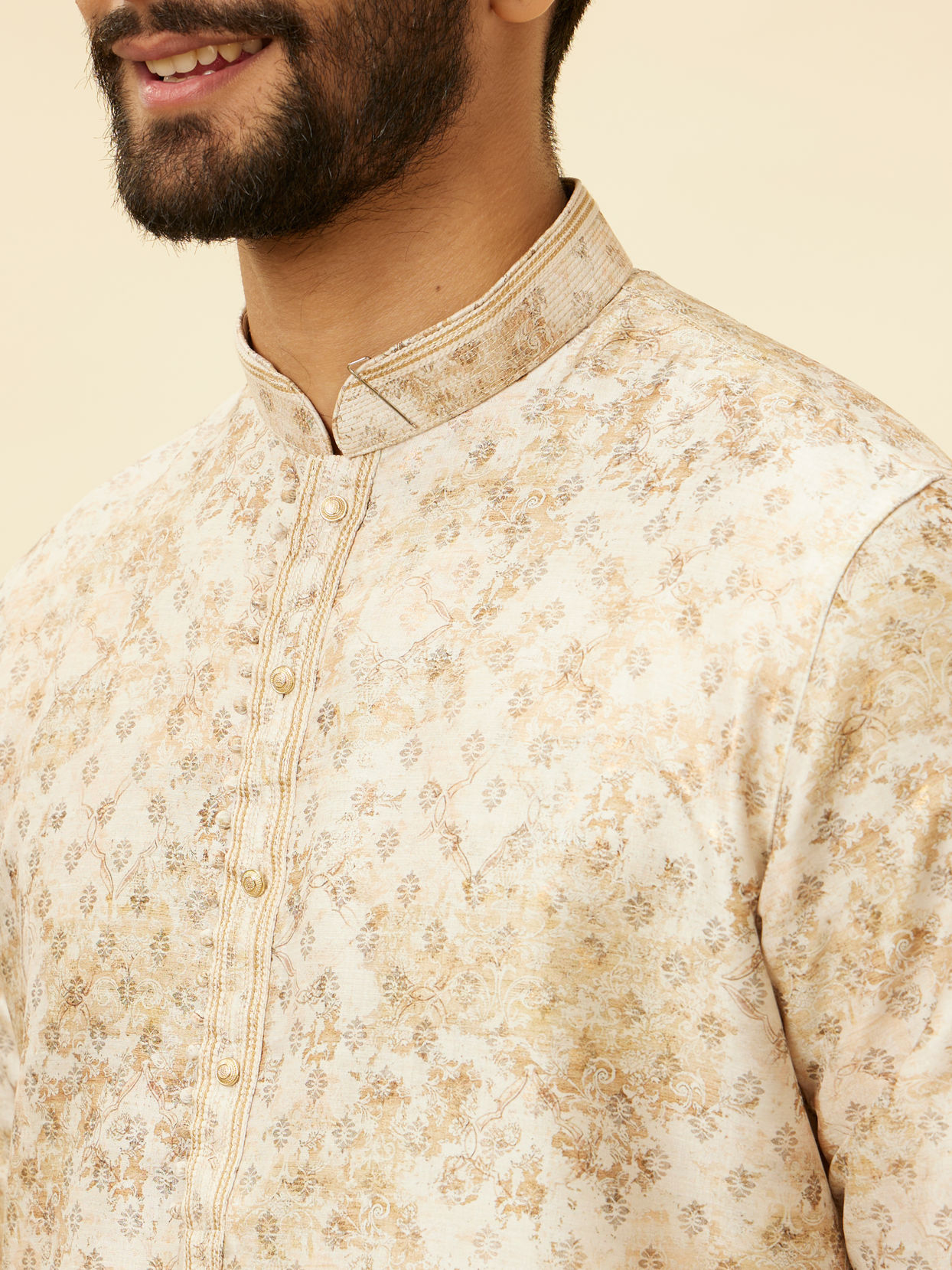 Manyavar Men Sand Beige Foil Print Buta Printed Kurta