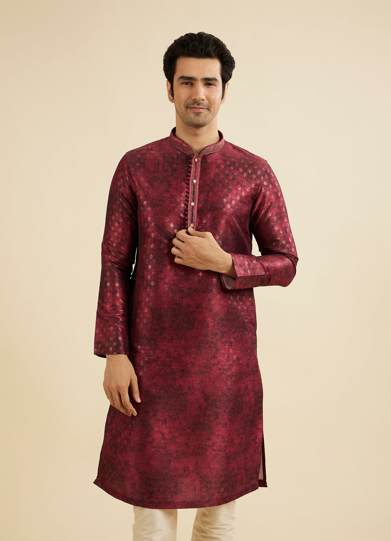 Manyavar Men Maroon Red Foil Print Buta Printed Kurta Set