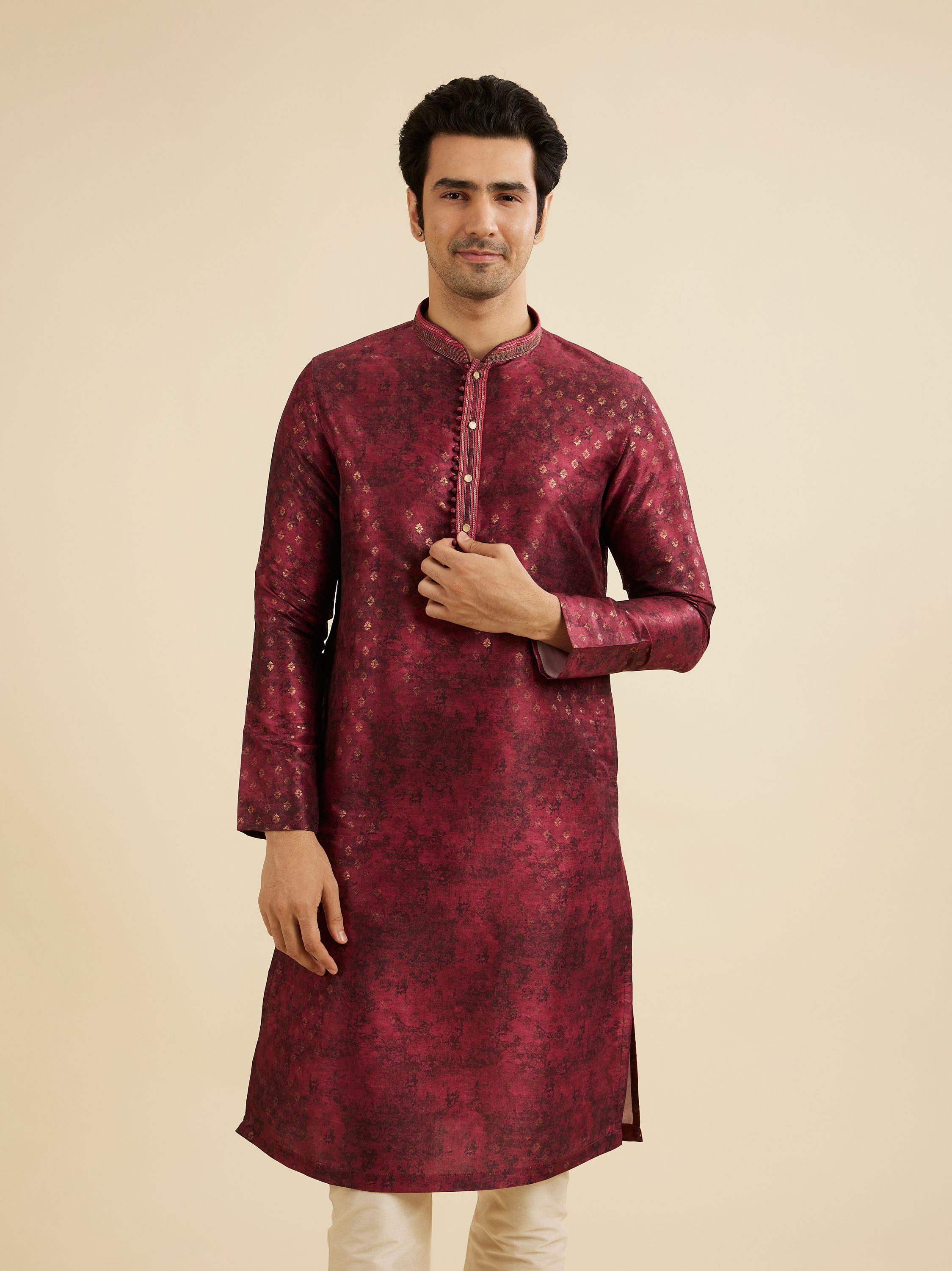 Manyavar Men Maroon Red Foil Print Buta Printed Kurta Set