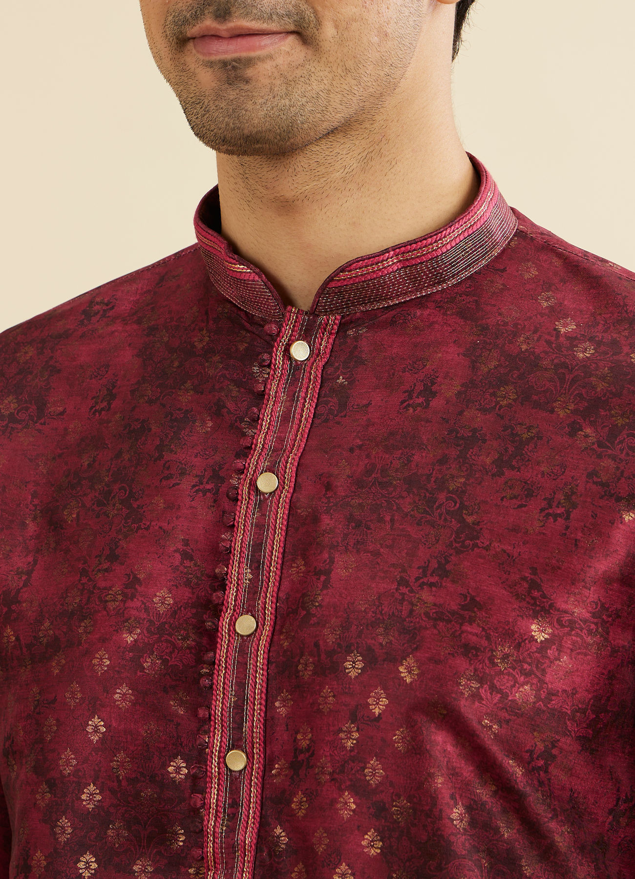 Manyavar Men Maroon Red Foil Print Buta Printed Kurta Set