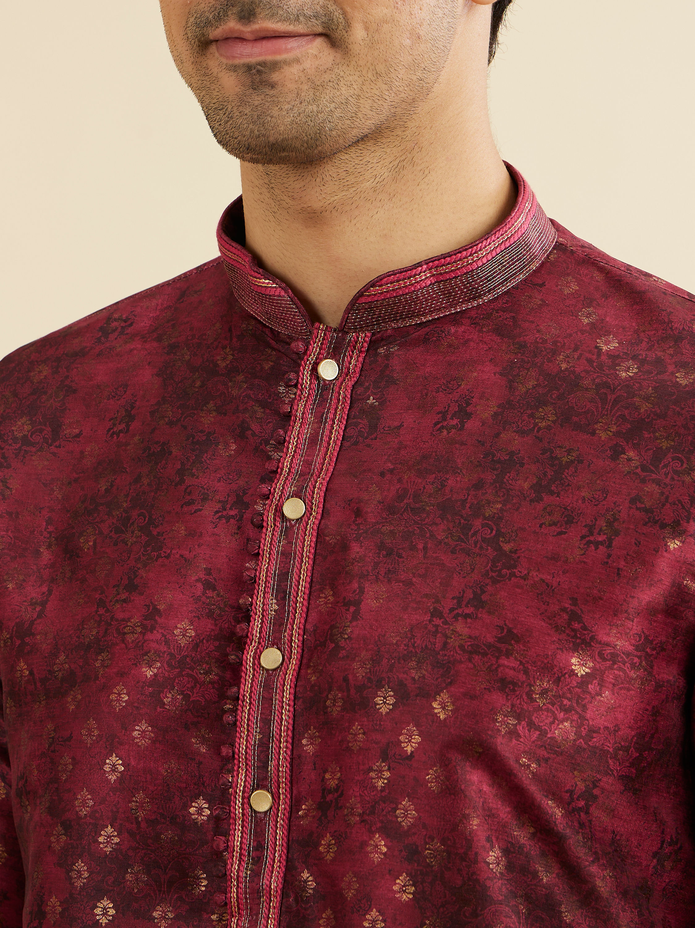 Manyavar Men Maroon Red Foil Print Buta Printed Kurta Set