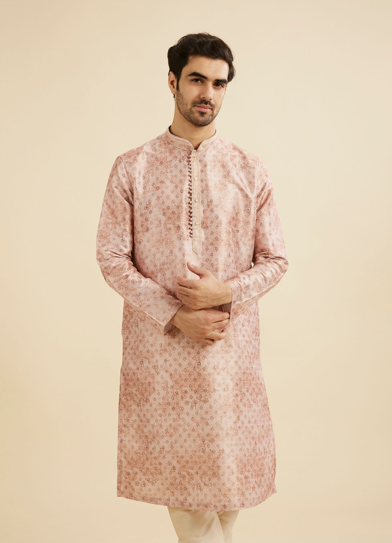 Manyavar Men Pale Peach Foil Print Buta Printed Kurta Set