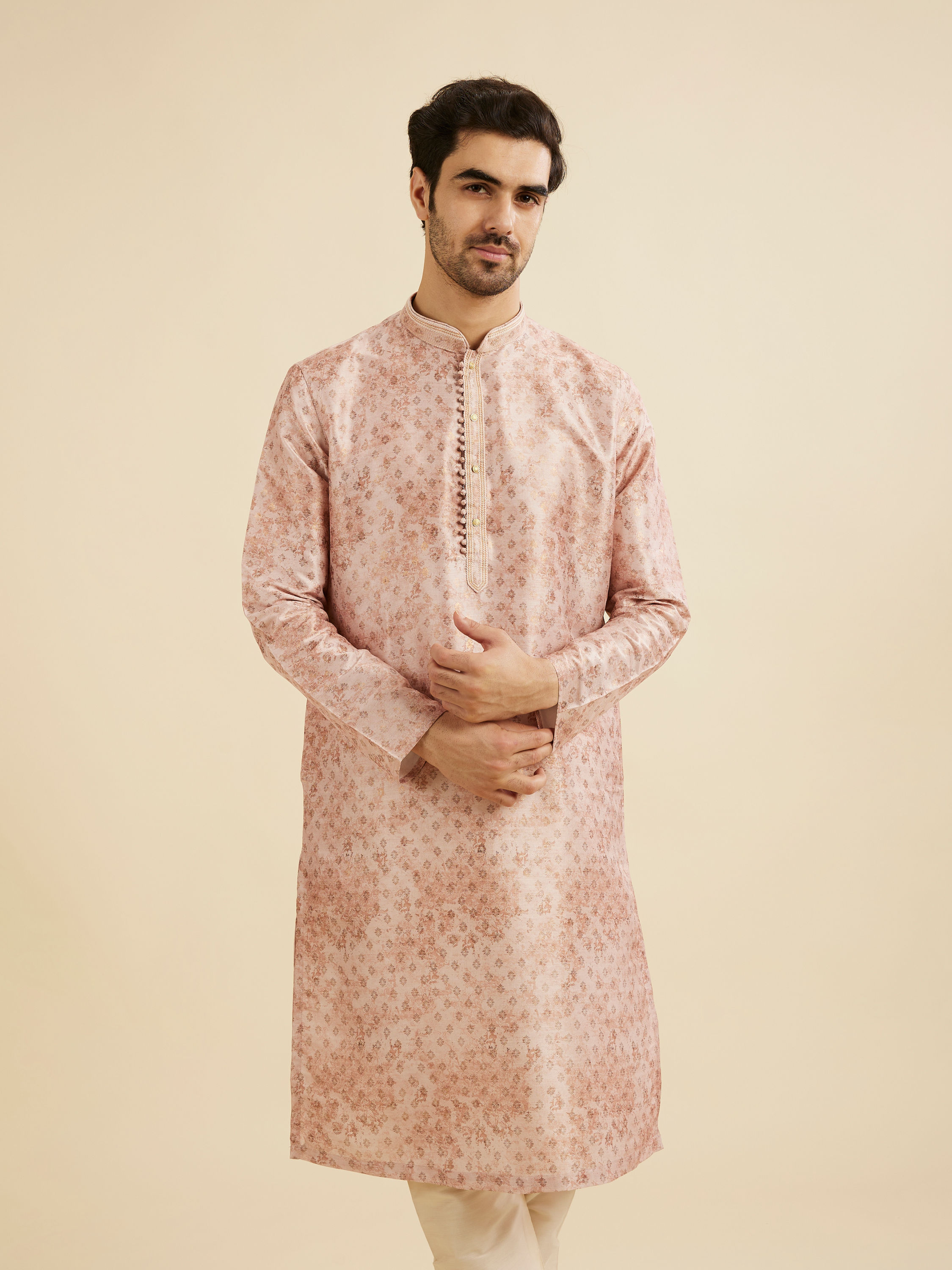 Manyavar Men Pale Peach Foil Print Buta Printed Kurta Set