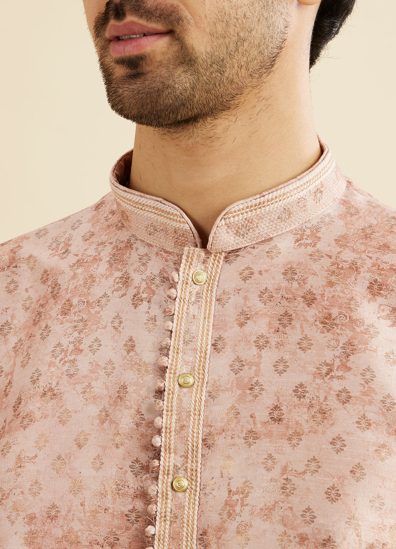 Manyavar Men Pale Peach Foil Print Buta Printed Kurta Set