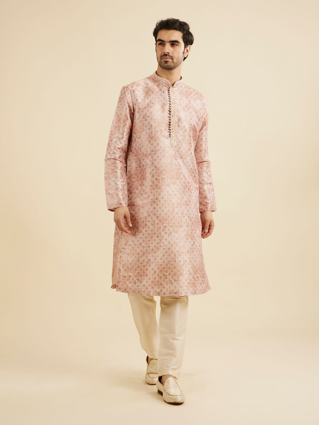 Manyavar Men Pale Peach Foil Print Buta Printed Kurta Set