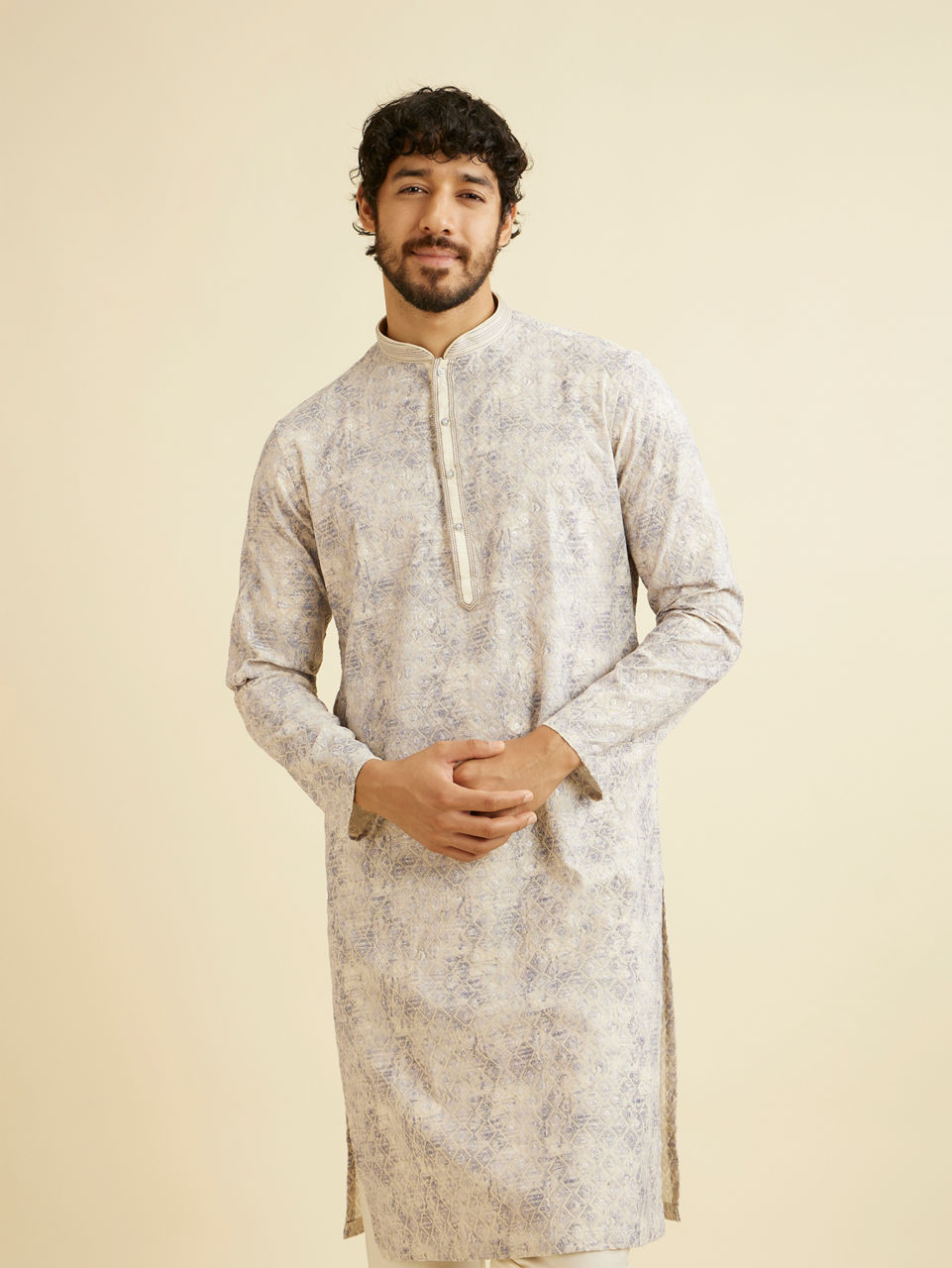 Manyavar Men Lavendar Grey Chikankari Patterned Kurta Set