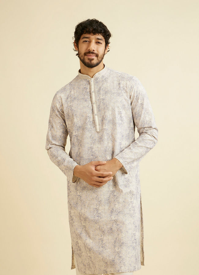 Manyavar Men Lavendar Grey Chikankari Patterned Kurta Set