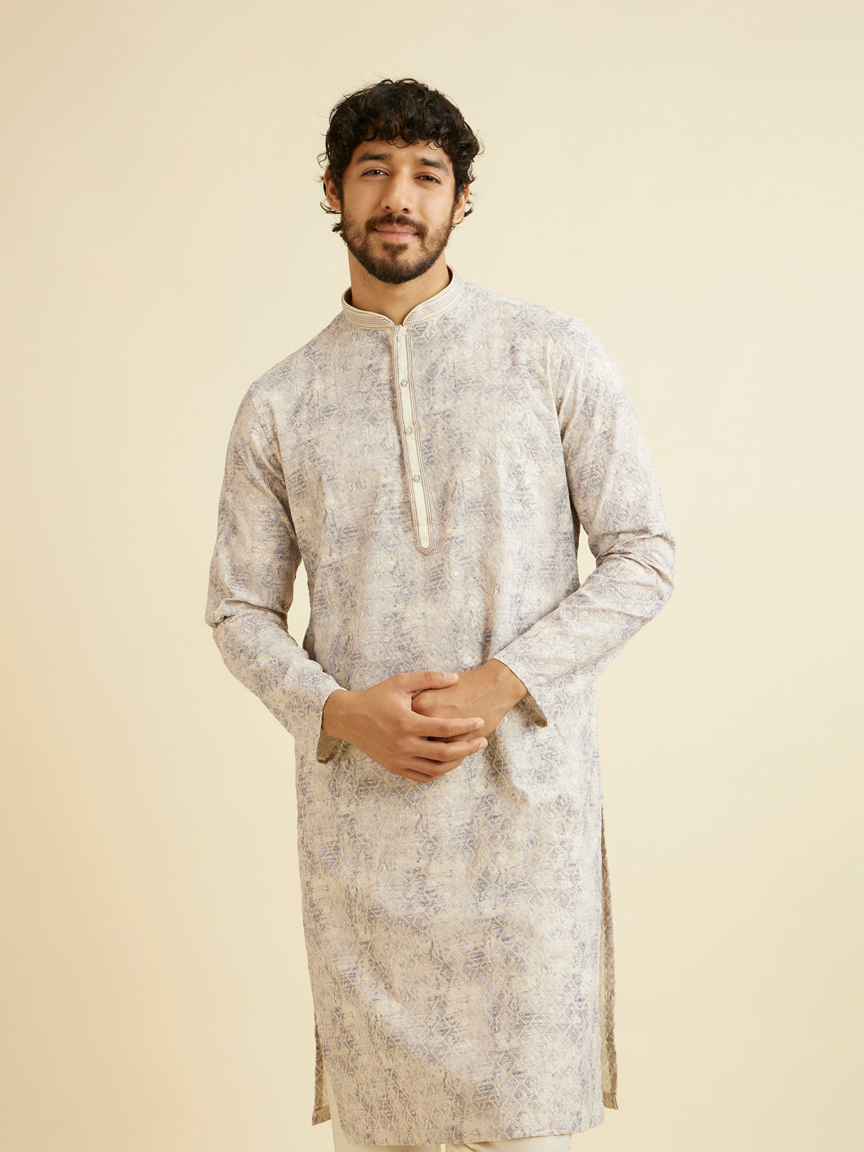 Manyavar Men Lavendar Grey Chikankari Patterned Kurta Set image number 0