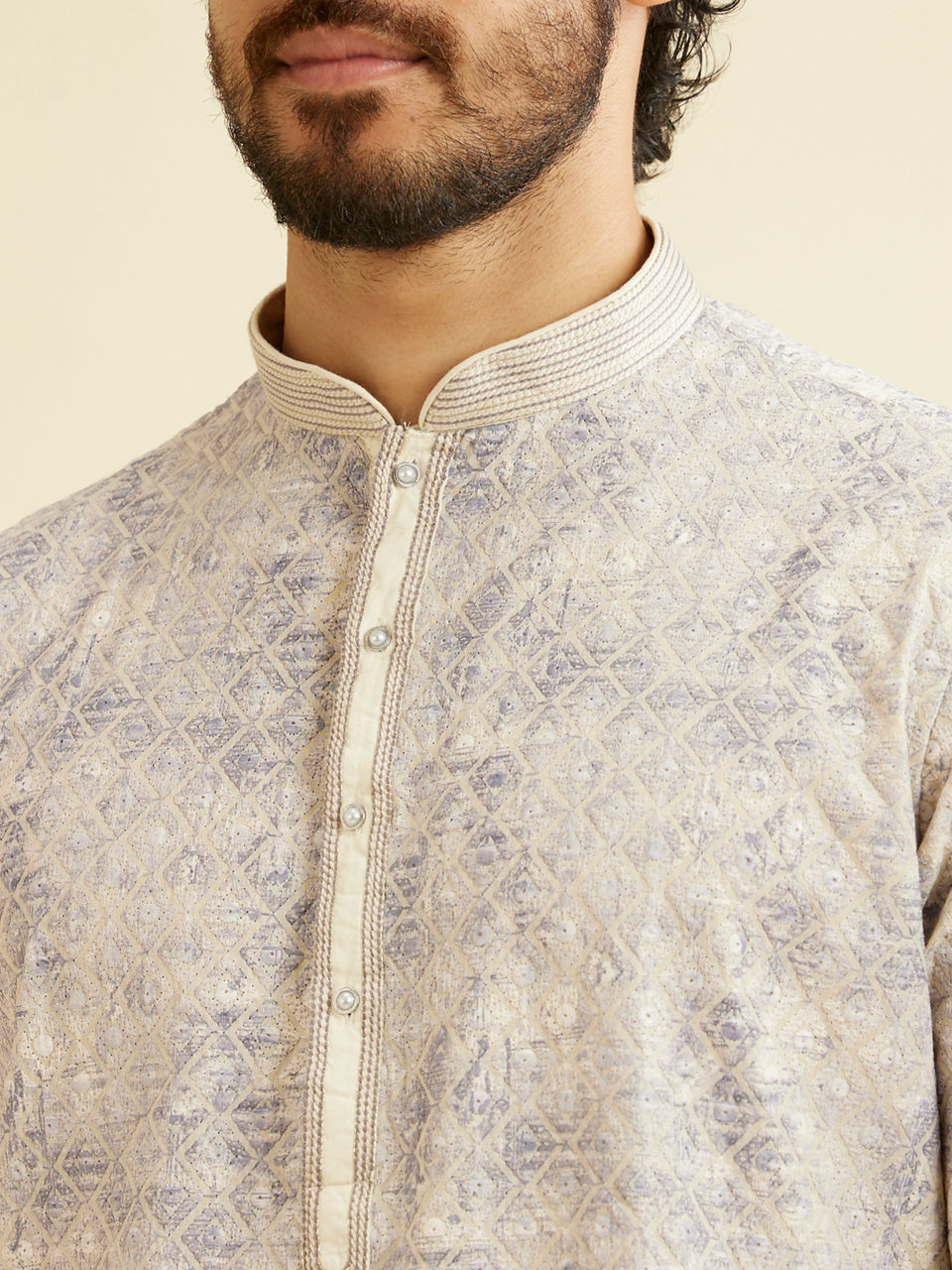 Manyavar Men Lavendar Grey Chikankari Patterned Kurta Set