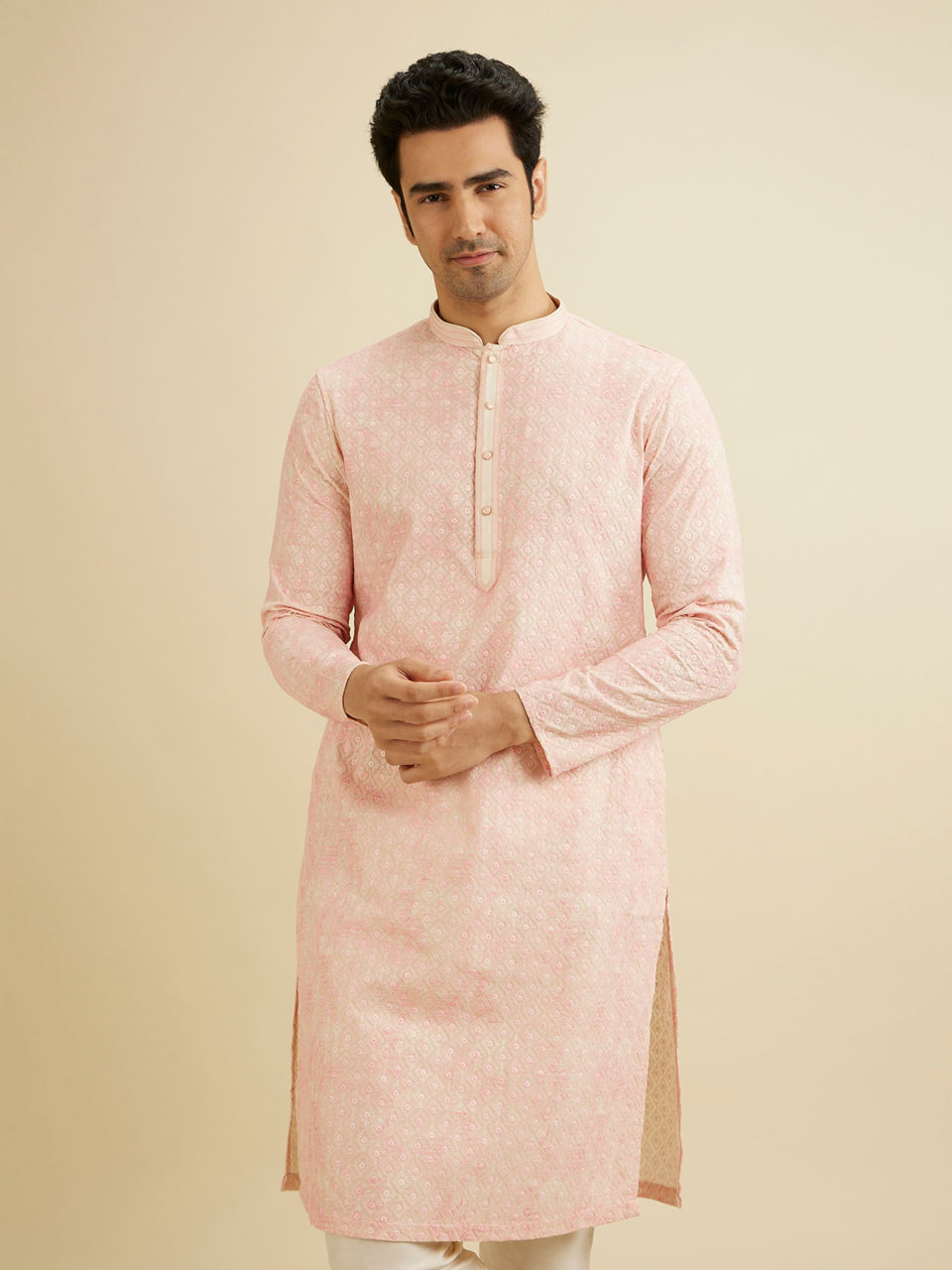 Manyavar Men Baby Pink Chikankari Patterned Kurta Set