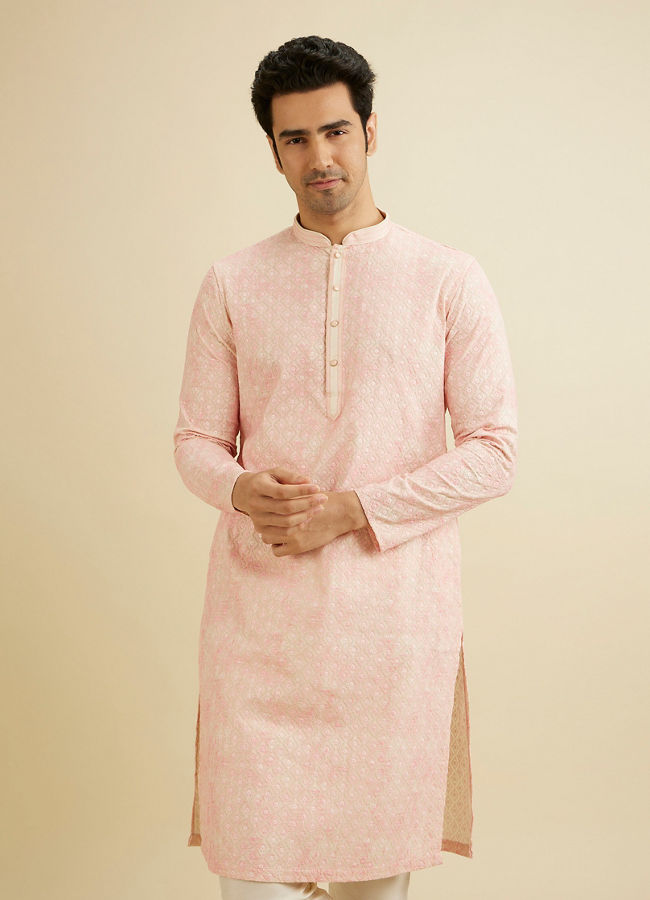 Manyavar Men Baby Pink Chikankari Patterned Kurta Set image number 0