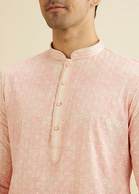 Manyavar Men Baby Pink Chikankari Patterned Kurta Set image number 1