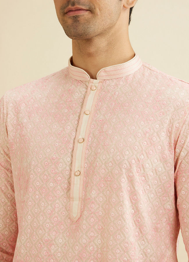 Manyavar Men Baby Pink Chikankari Patterned Kurta Set image number 1