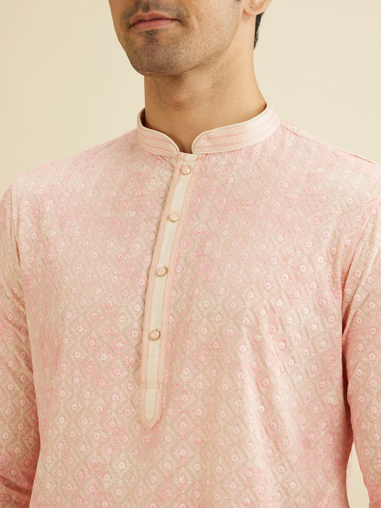 Manyavar Men Baby Pink Chikankari Patterned Kurta Set image number 1