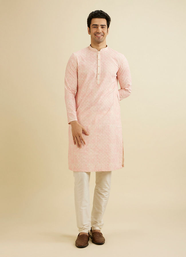 Manyavar Men Baby Pink Chikankari Patterned Kurta Set