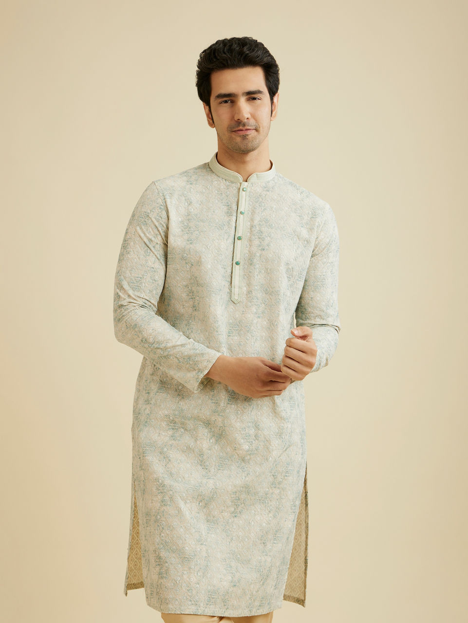 Manyavar Men Soft Green Chikankari Patterned Kurta Set