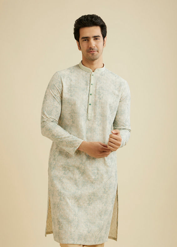Manyavar Men Soft Green Chikankari Patterned Kurta Set