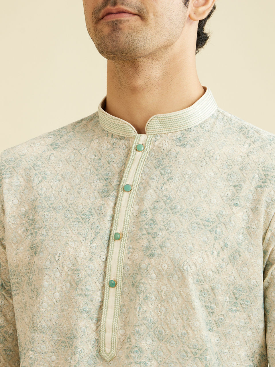 Manyavar Men Soft Green Chikankari Patterned Kurta Set