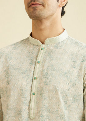 Manyavar Men Soft Green Chikankari Patterned Kurta Set