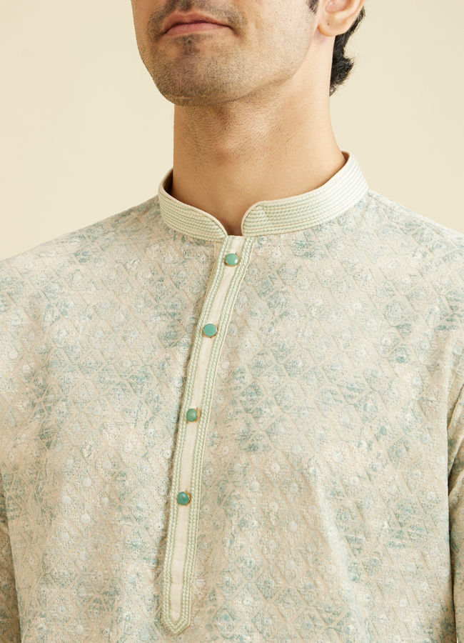 Manyavar Men Soft Green Chikankari Patterned Kurta Set