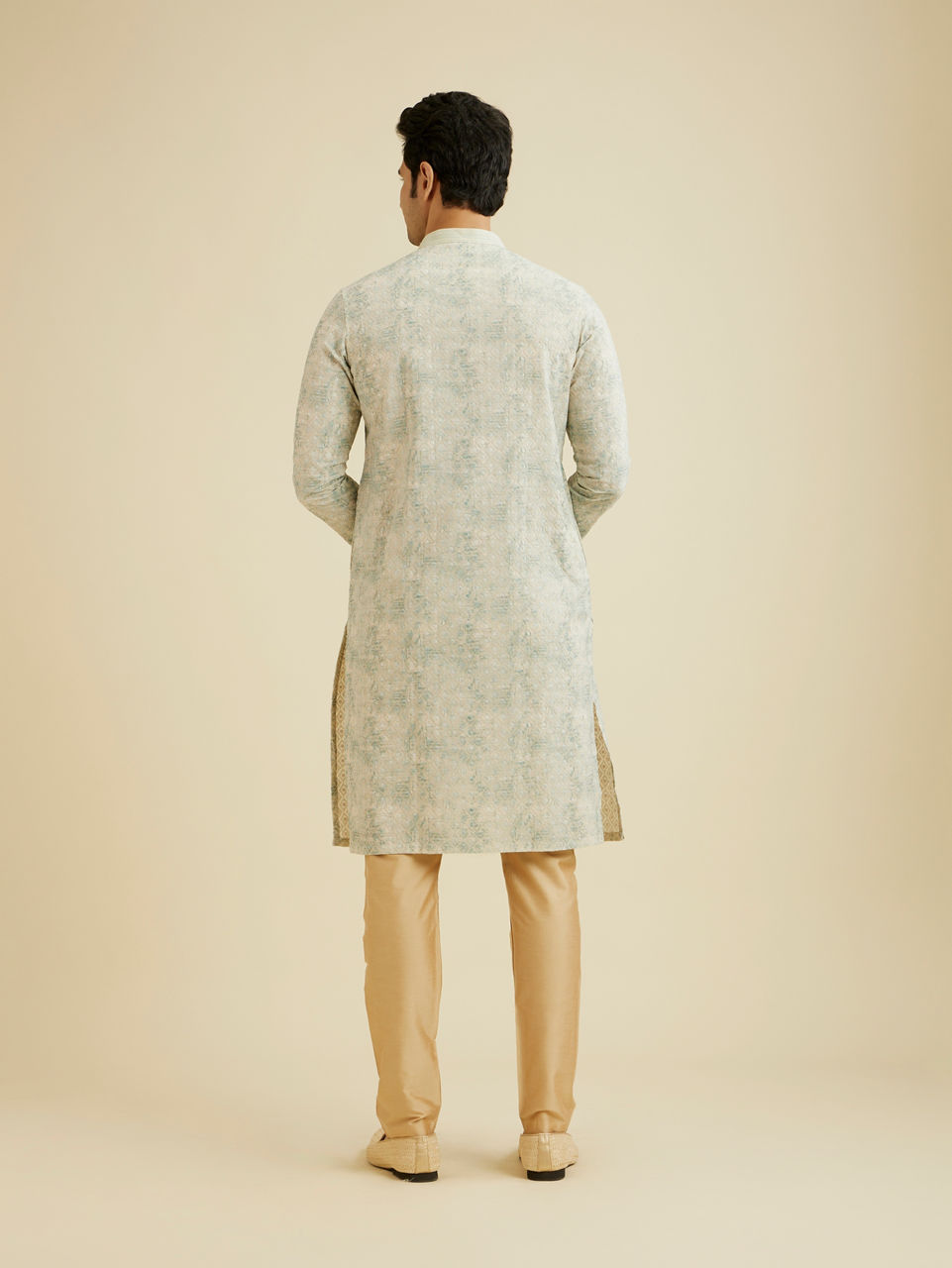 Manyavar Men Soft Green Chikankari Patterned Kurta Set