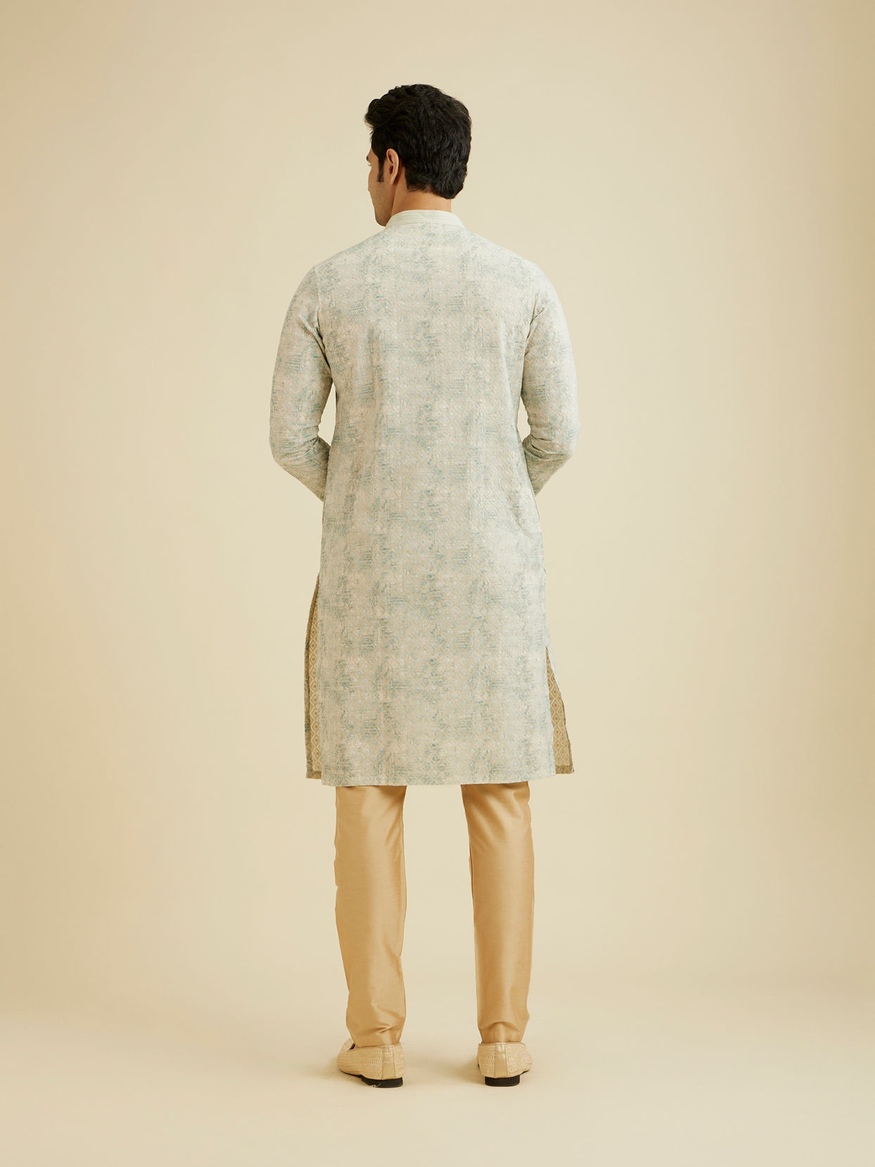 Manyavar Men Soft Green Chikankari Patterned Kurta Set
