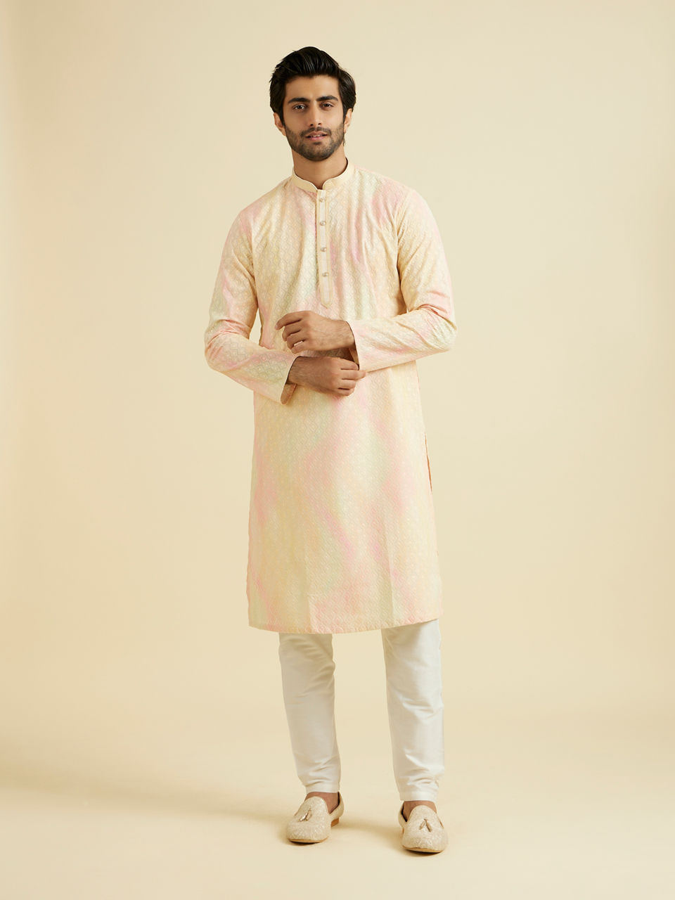Manyavar Men Elegant Yellow Cotton Kurta Pajama