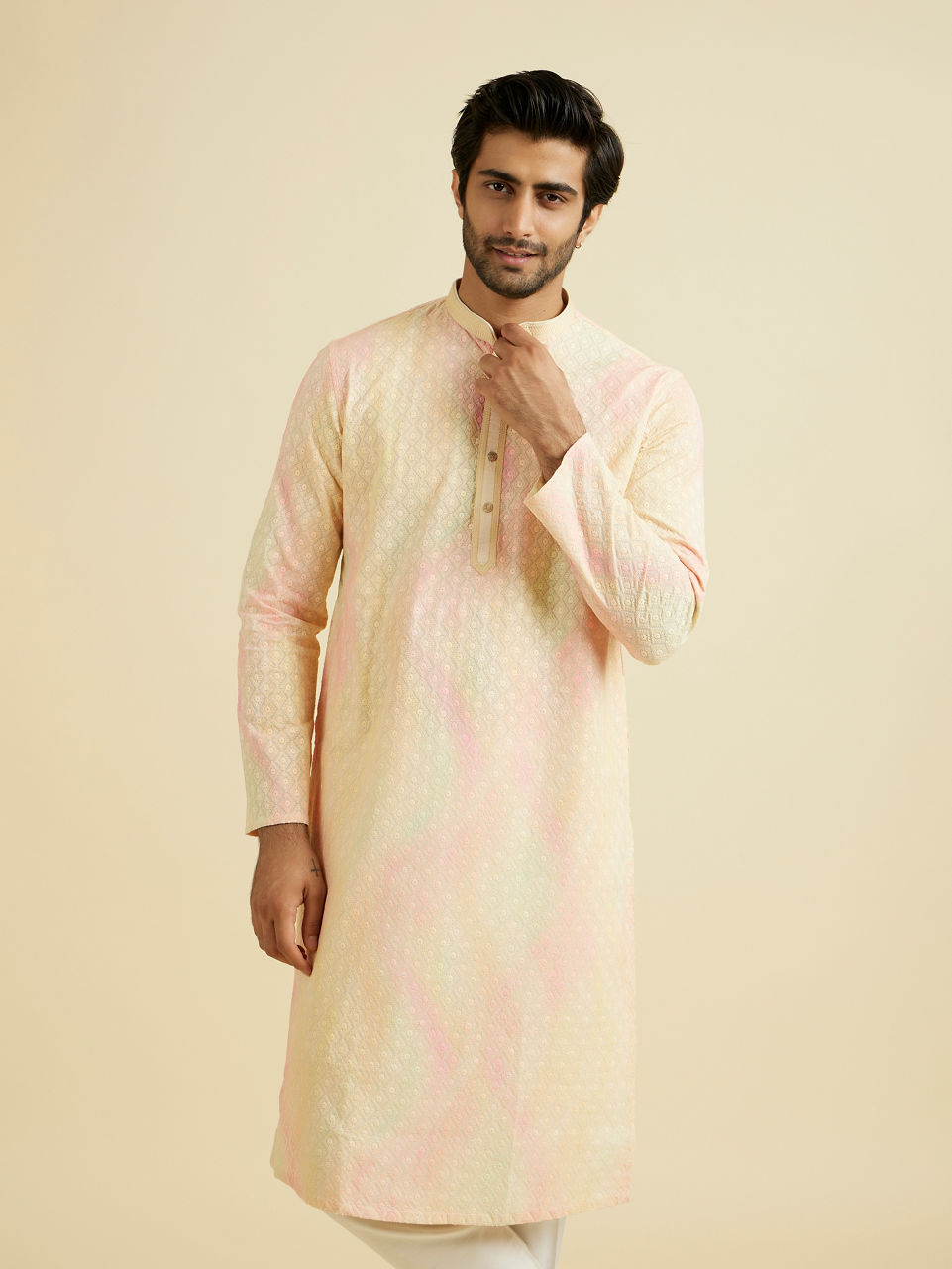 Manyavar Men Elegant Yellow Cotton Kurta Pajama