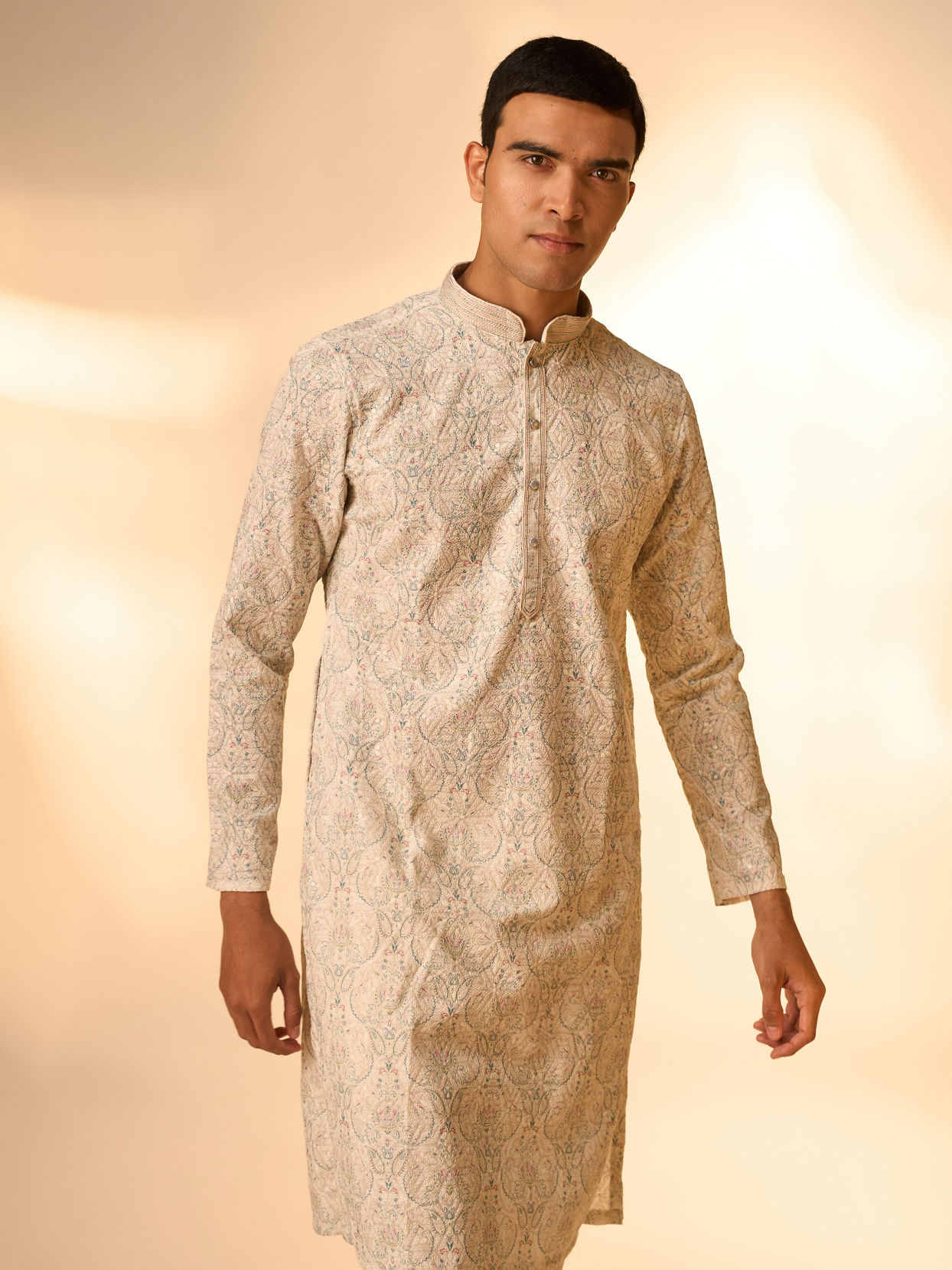Manyavar Men Pista Green Chikankari Elegance Kurta Pajama