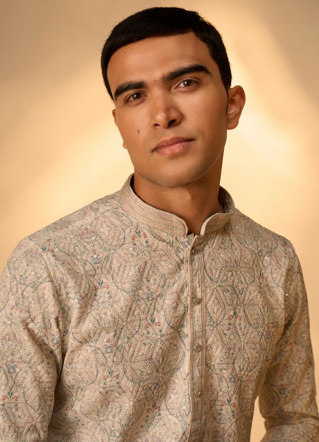 Manyavar Men Pista Green Chikankari Elegance Kurta Pajama