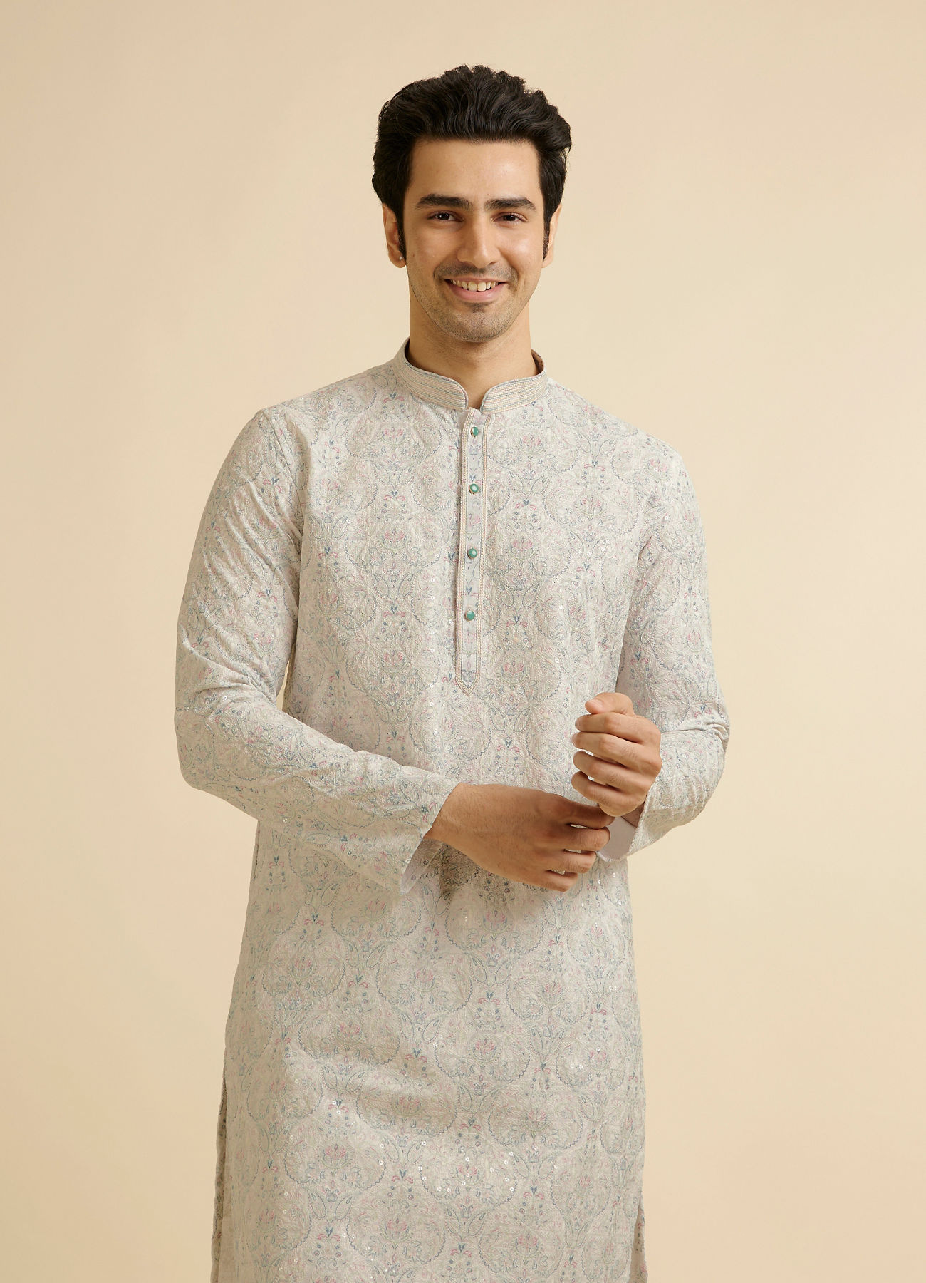 Manyavar Men Pista Green Chikankari Elegance Kurta Pajama