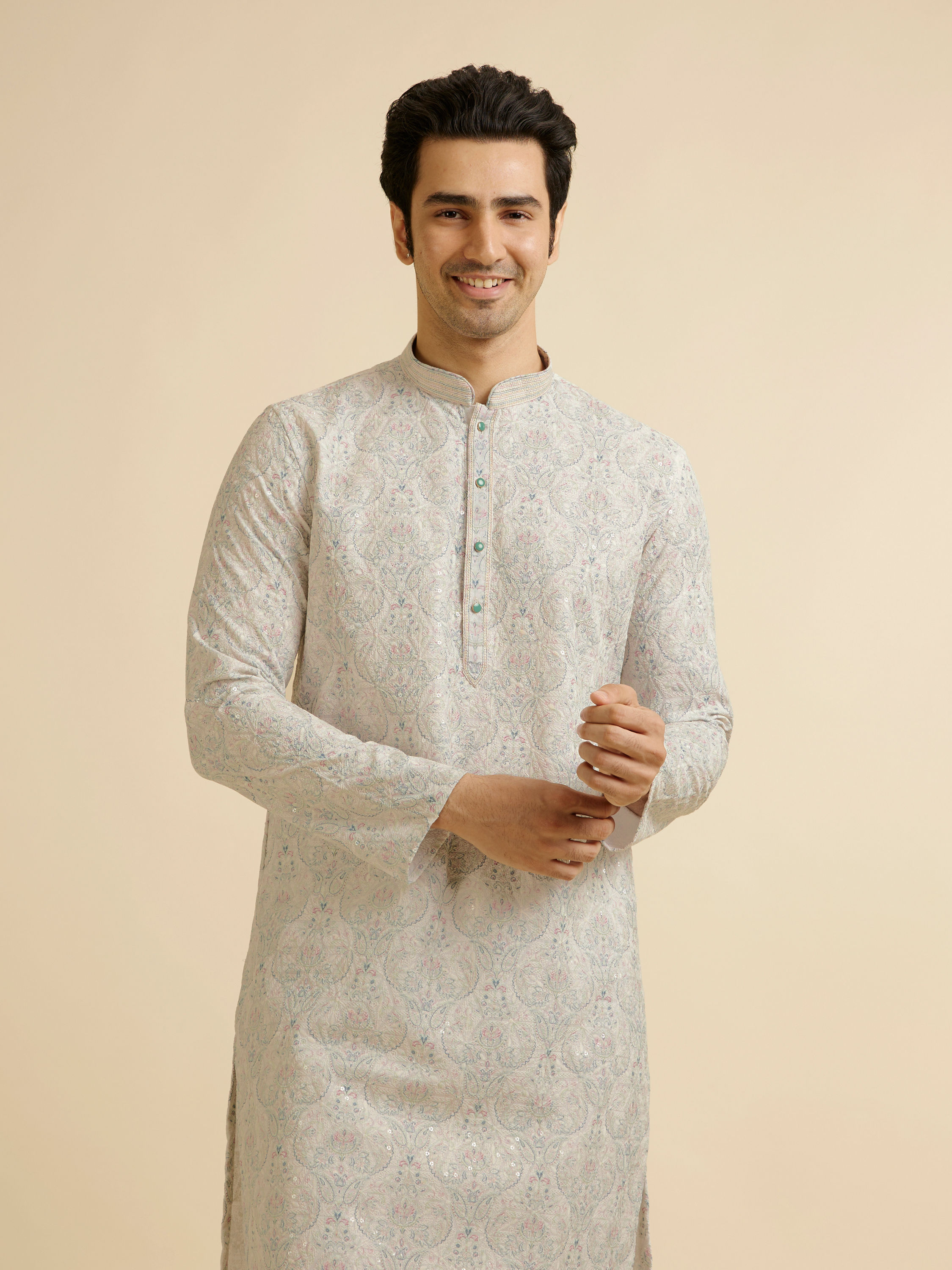 Manyavar Men Pista Green Chikankari Elegance Kurta Pajama