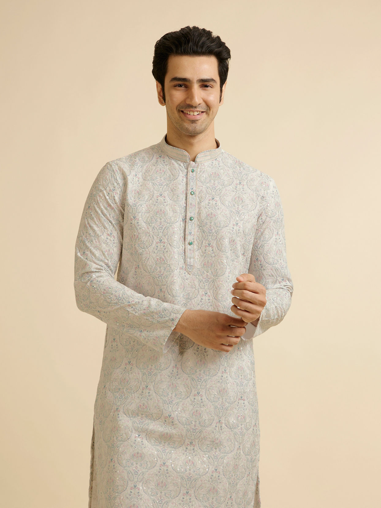 alt message - Manyavar Men Pista Green Chikankari Elegance Kurta Pajama image number 0